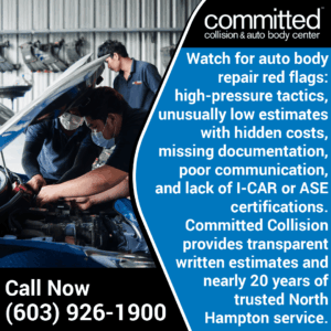 Auto body repair warning signs highlighted.