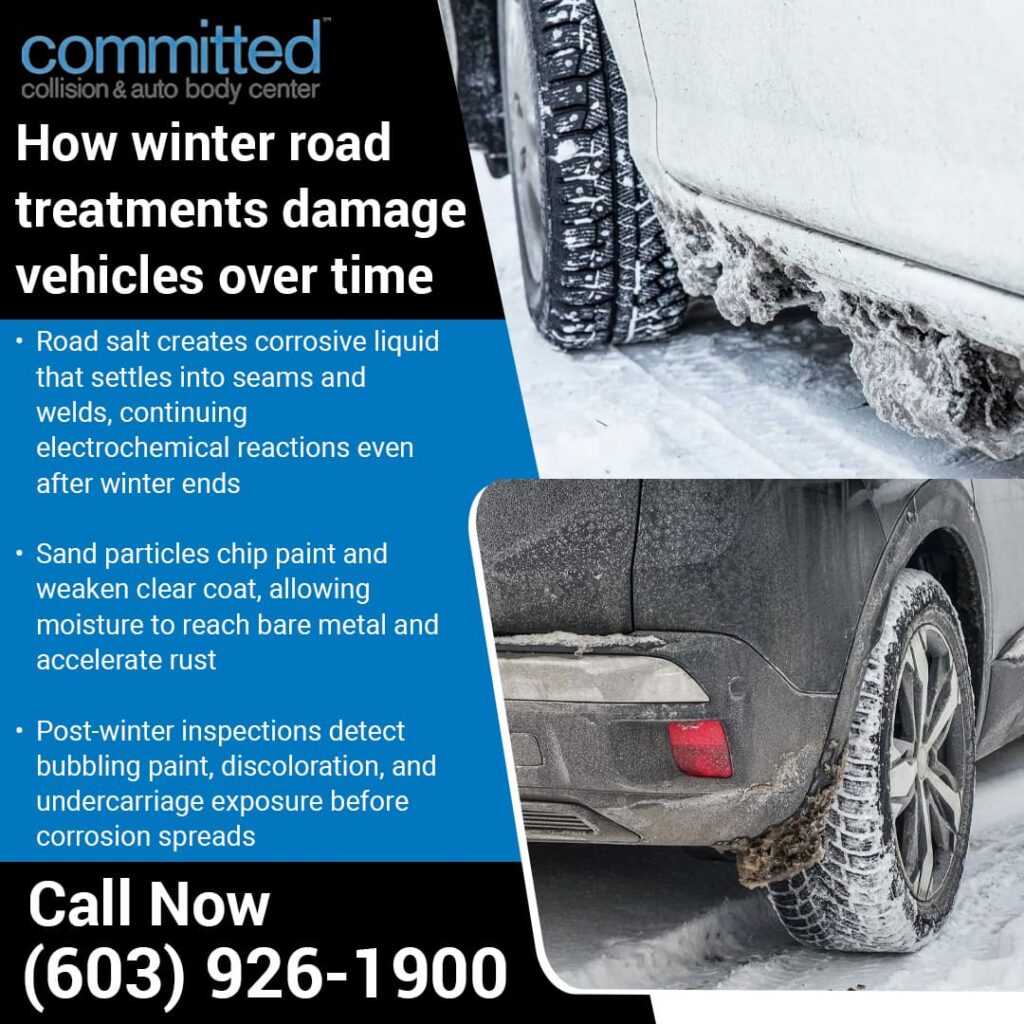 Winter Auto Body Damage: Salt, Sand, and Rust Risks 2 damaged vehicles due to winter road treatments