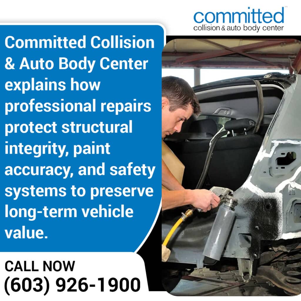 How Auto Body Repair Preserves Your Vehicle's Resale Value 1 Collision repair specialist restoring vehicle structure and preparing surface for paint