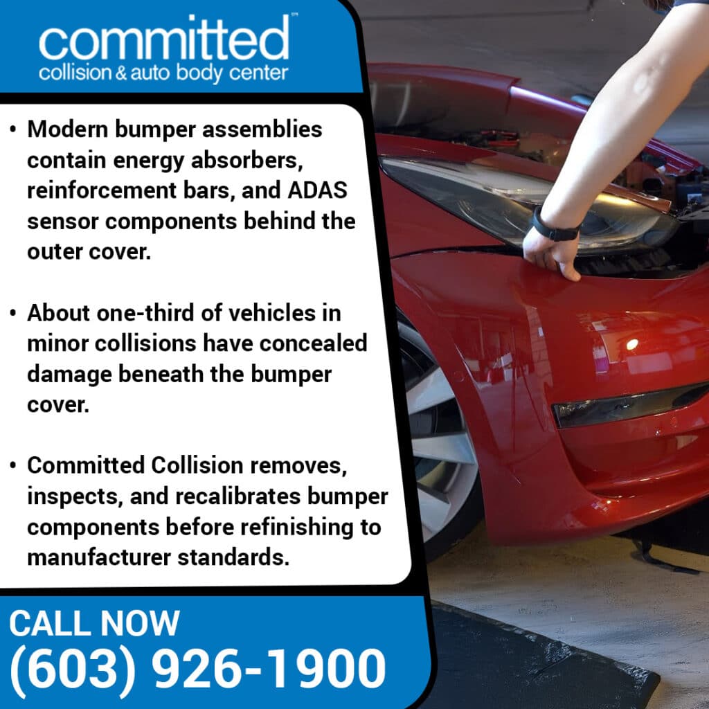 How Plastic Bumper Repairs Are Performed on Modern Vehicles 2 Auto body inspection revealing underlying bumper structure and ADAS components after collision