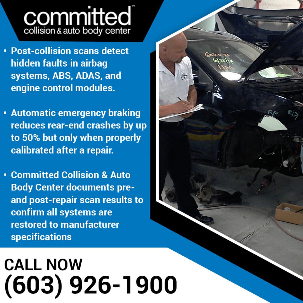Why We Always Perform Post-Collision Diagnostic Scans During Auto Collision Repair 2 Technician documenting post-repair scan and ADAS calibration on collision-damaged vehicle