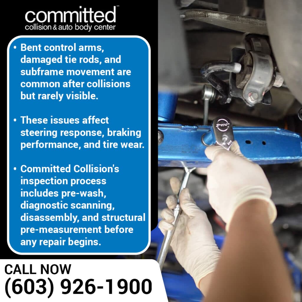 Common Post-Collision Suspension Issues We Fix in North Hampton 2 Technician inspecting suspension components including control arm and tie rod after collision