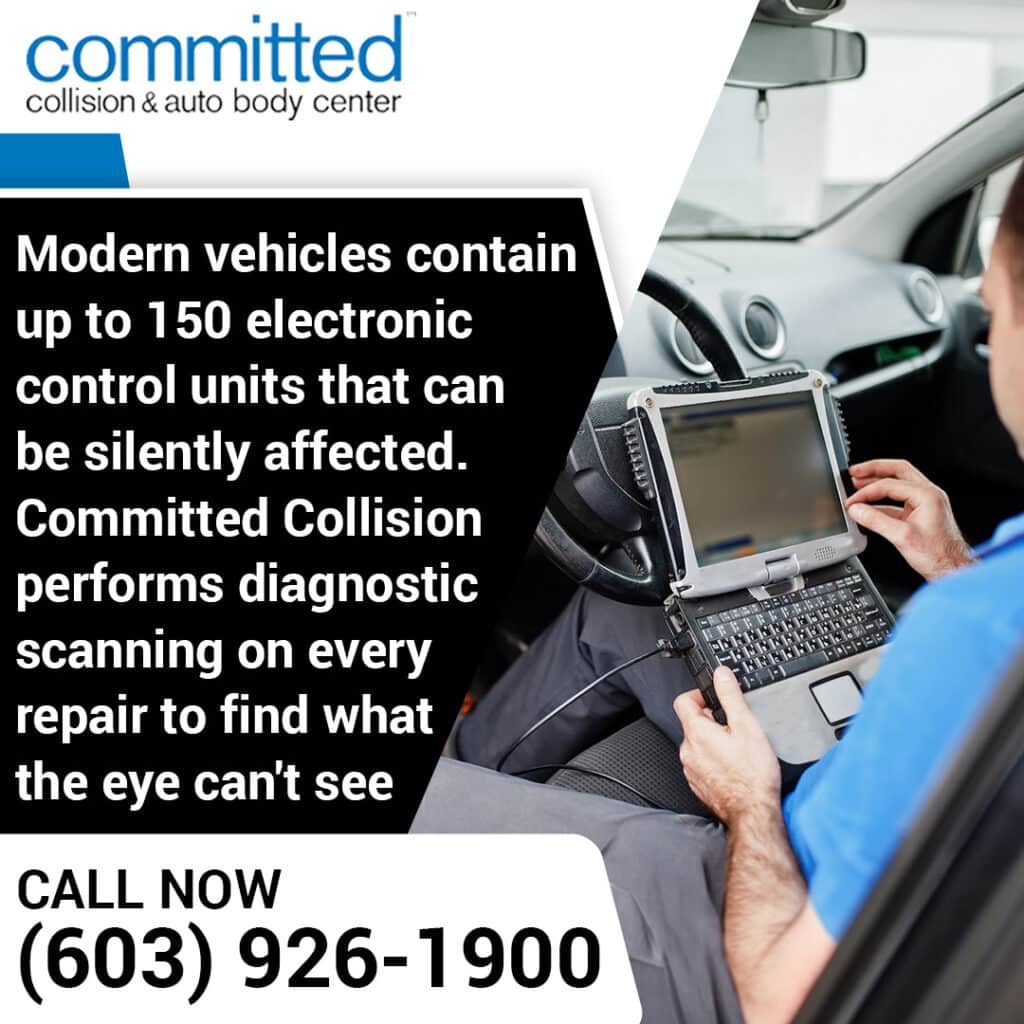 Why We Always Perform Post-Collision Diagnostic Scans During Auto Collision Repair 1 Auto technician using diagnostic tool to detect hidden faults in vehicle systems