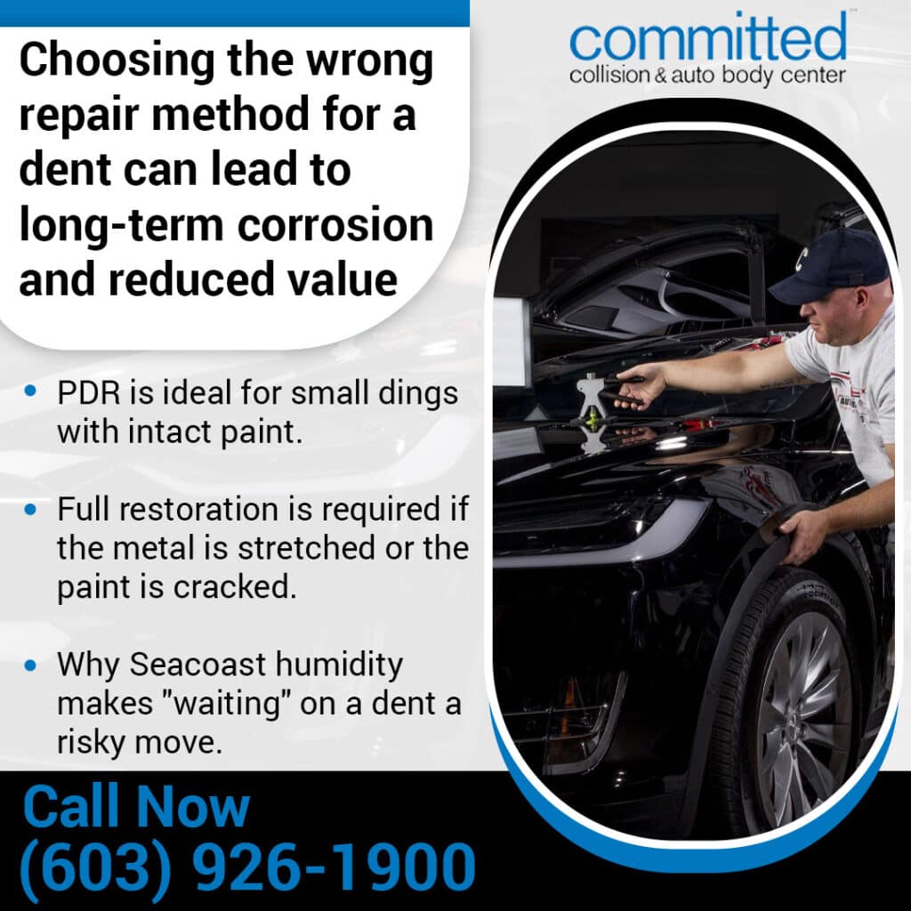 How to Tell If That Dent Needs Auto Body Repair or PDR (Paintless Dent Repair) 2 Technician repairing a dent on a black vehicle at Committed Collision & Auto Body Center using paintless dent repair tools