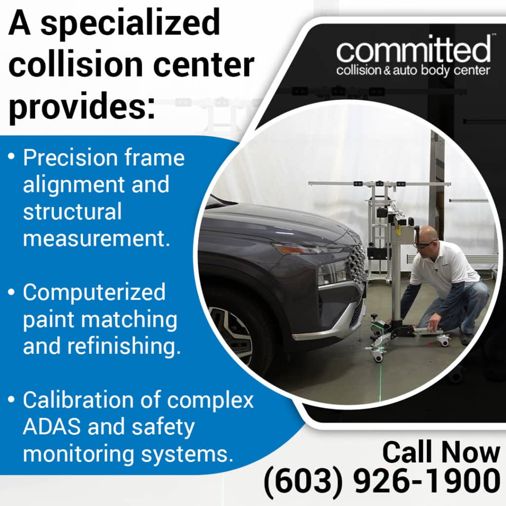 Collision Repair vs. General Auto Repair: Know the Difference 2 Technician measuring frame alignment on a vehicle at Committed Collision & Auto Body Center before ADAS calibration and refinishing