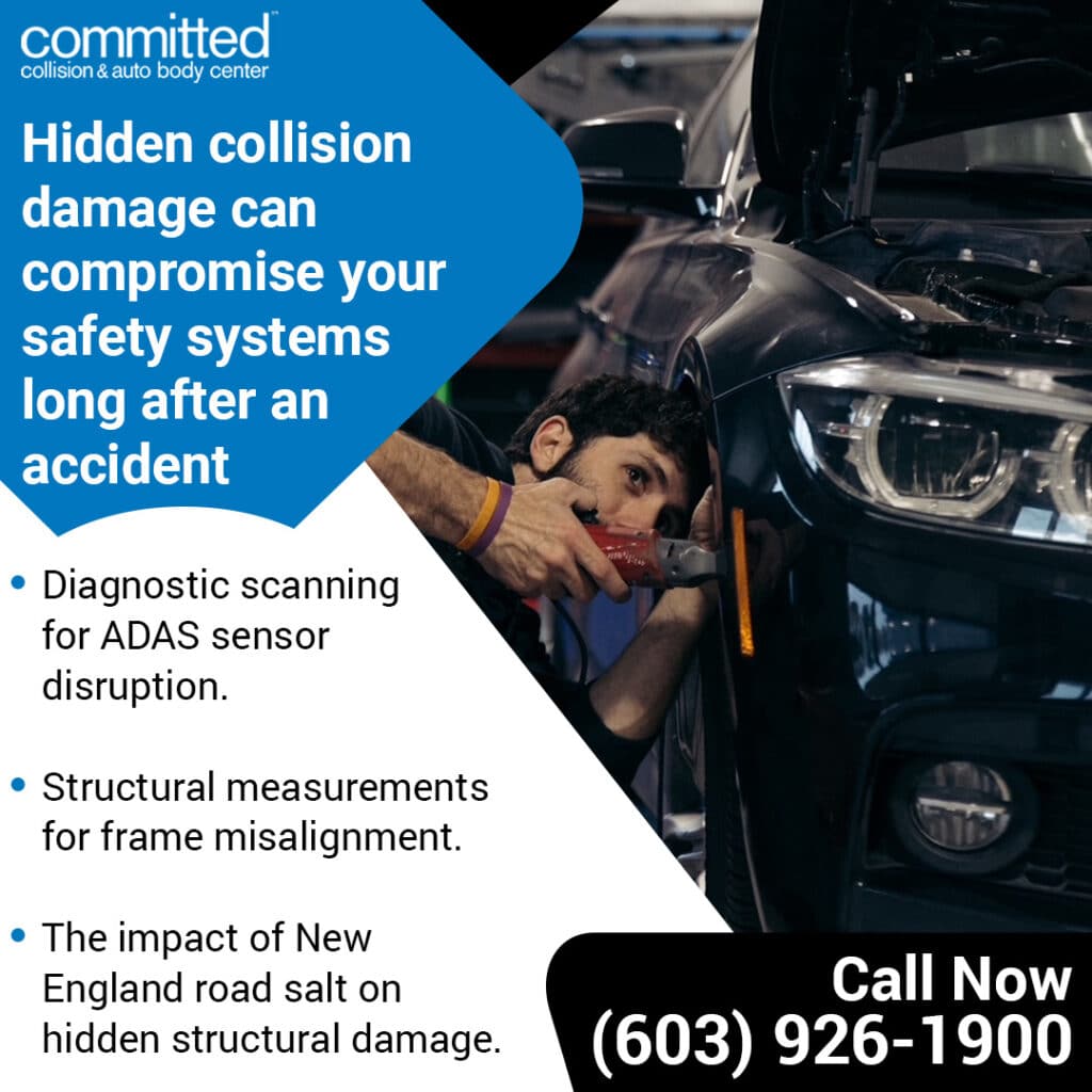 The Most Overlooked Collision Damage That Can Hurt Your Vehicle Later 2 Technician inspecting hidden collision damage and ADAS sensor issues on a black vehicle at Committed Collision & Auto Body Center