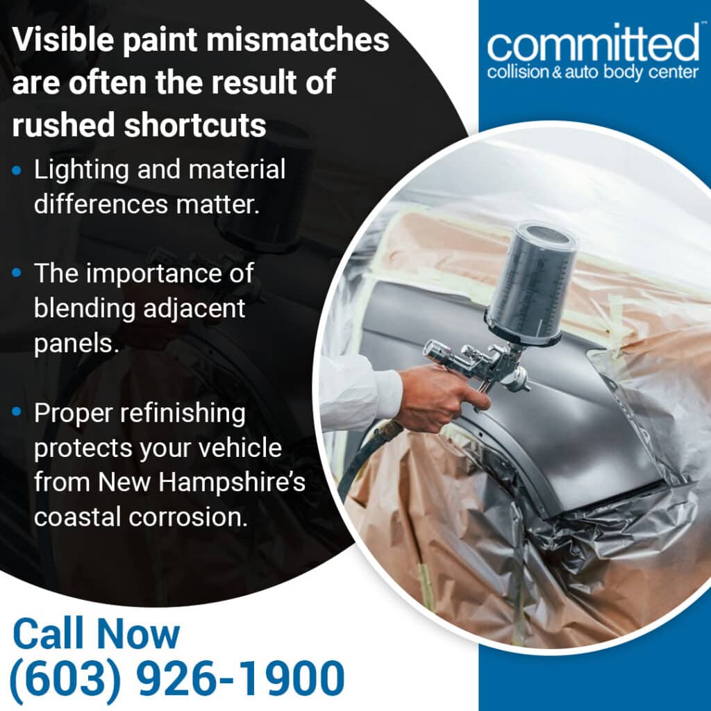 Common Paint Match Mistakes and How Our Auto Body Shop Gets It Right 2 Technician spray painting a vehicle panel at Committed Collision & Auto Body Center to achieve accurate paint matching and corrosion protection
