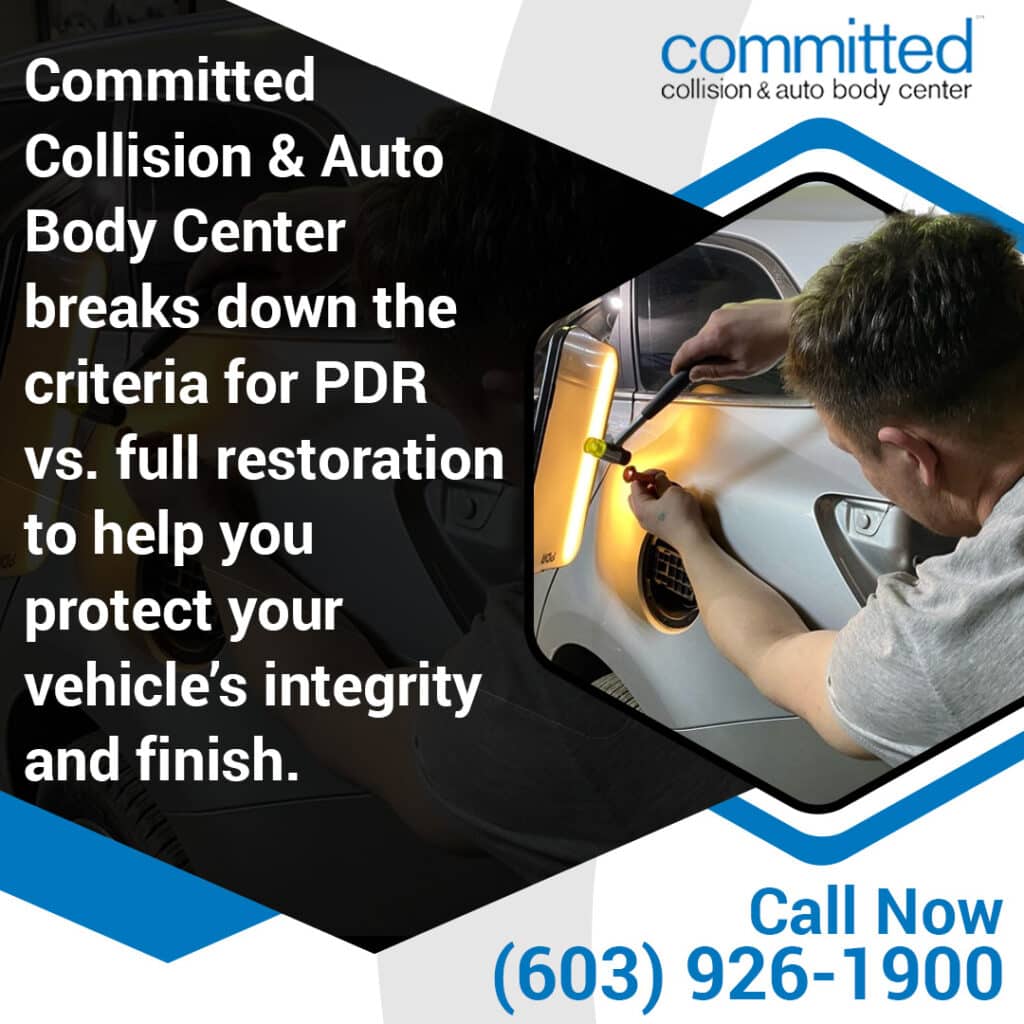 How to Tell If That Dent Needs Auto Body Repair or PDR (Paintless Dent Repair) 1 Technician performing paintless dent repair on a white vehicle at Committed Collision & Auto Body Center to assess whether PDR or full restoration is needed