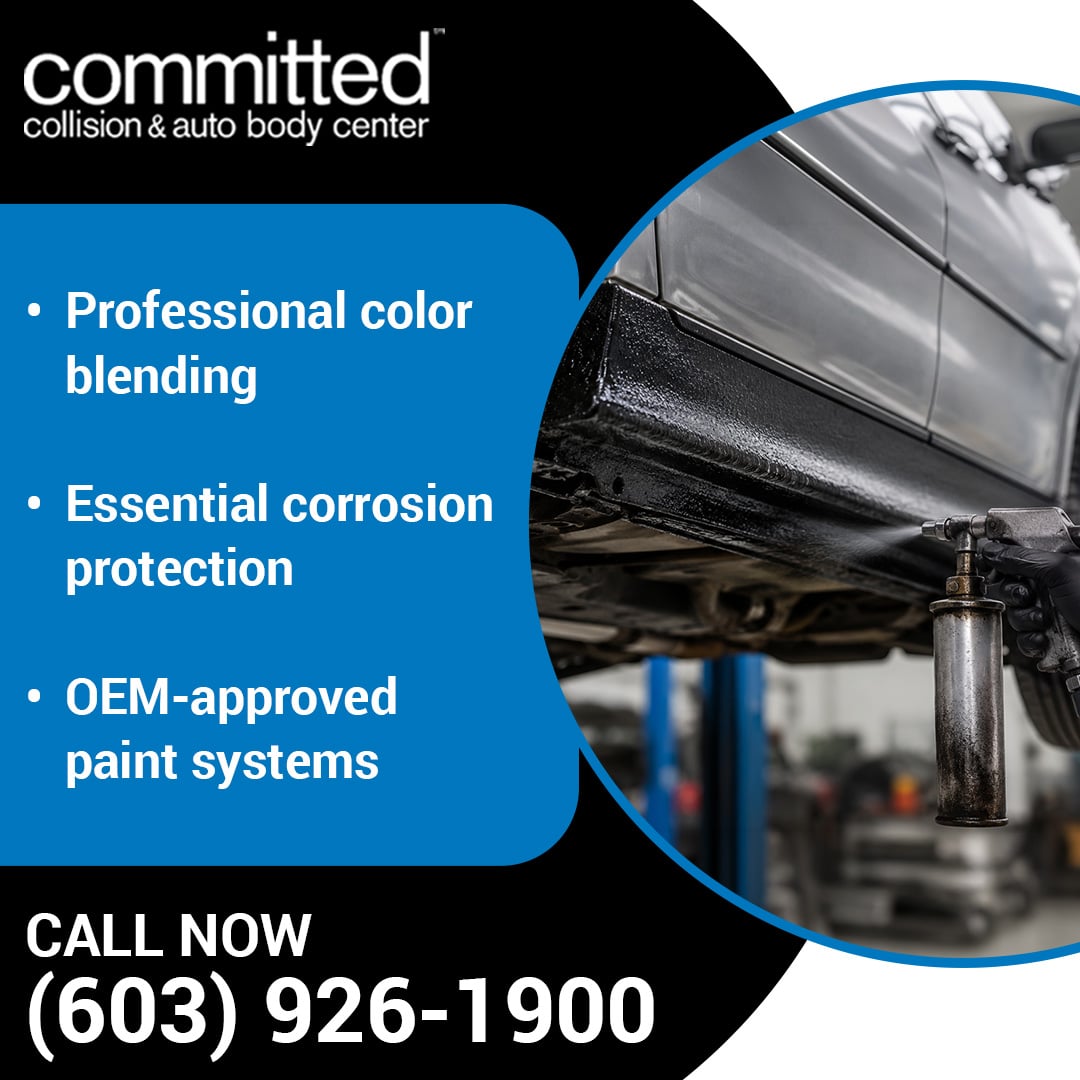 Why Does Auto Body Repair Sometimes Require a Full Repaint? 2 A technician applying a protective undercoating spray gun to the lower rocker panel of a vehicle elevated on a lift.