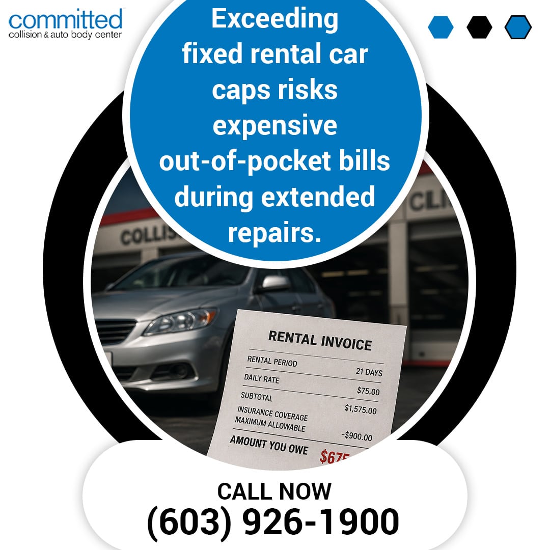 What Happens If Your Collision Repair Shop Finds More Damage? 1 A rental invoice document showing an out-of-pocket balance superimposed over a silver sedan parked outside a collision shop.