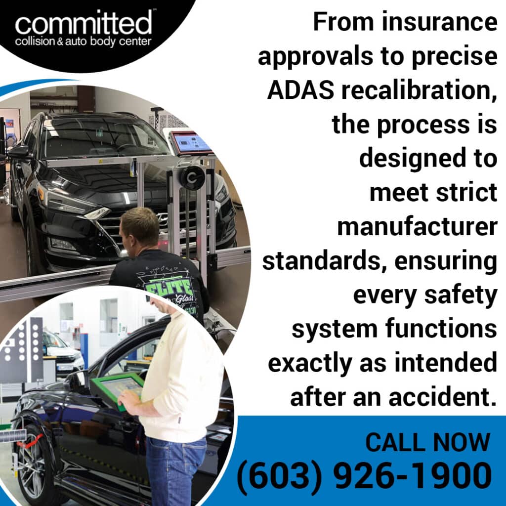 How Long Does Collision Repair Really Take? What to Expect 1 Technicians aligning digital target equipment in front of a black SUV to recalibrate ADAS safety systems after an accident.