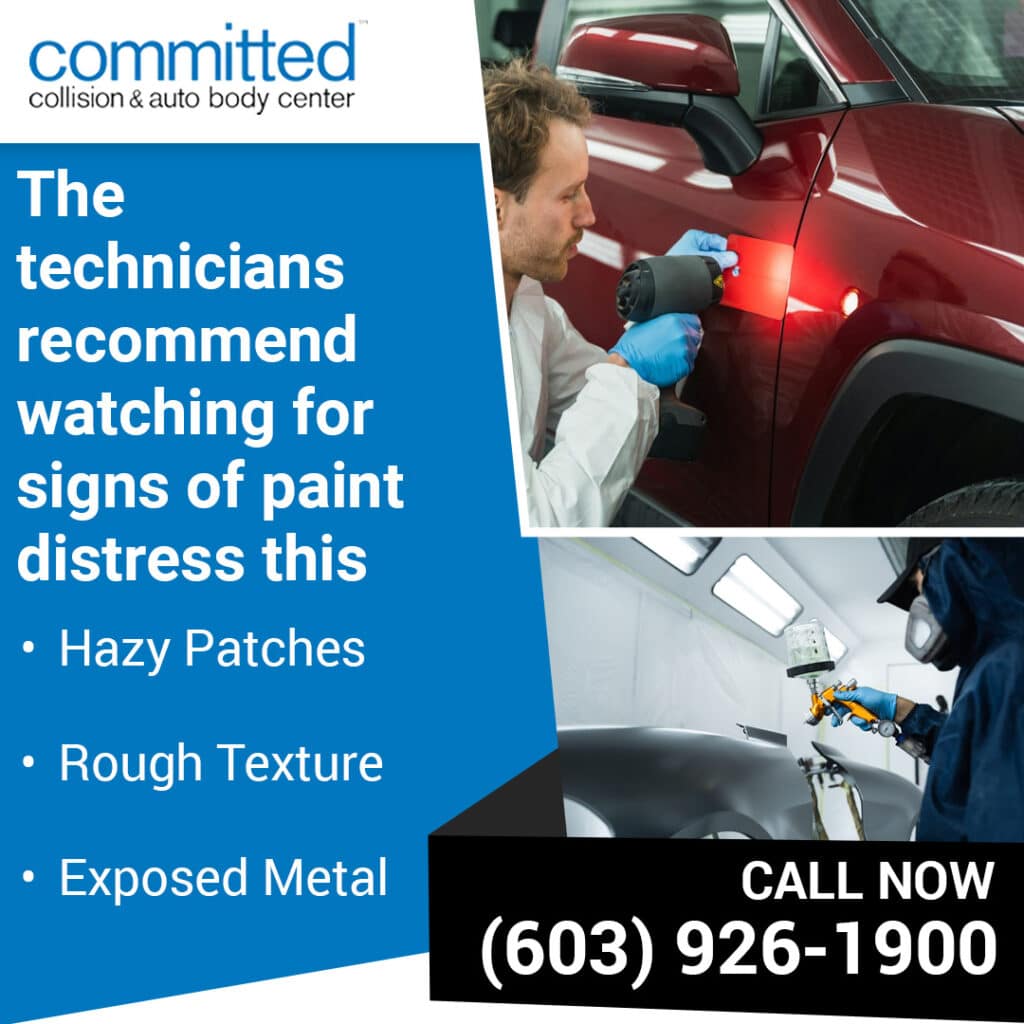 Pollen, Sap, and Scratches: How Spring Affects Your Car's Paint in North Hampton, NH 2 A technician using a heat gun to inspect a red car panel next to text listing signs of paint distress like hazy patches and exposed metal.