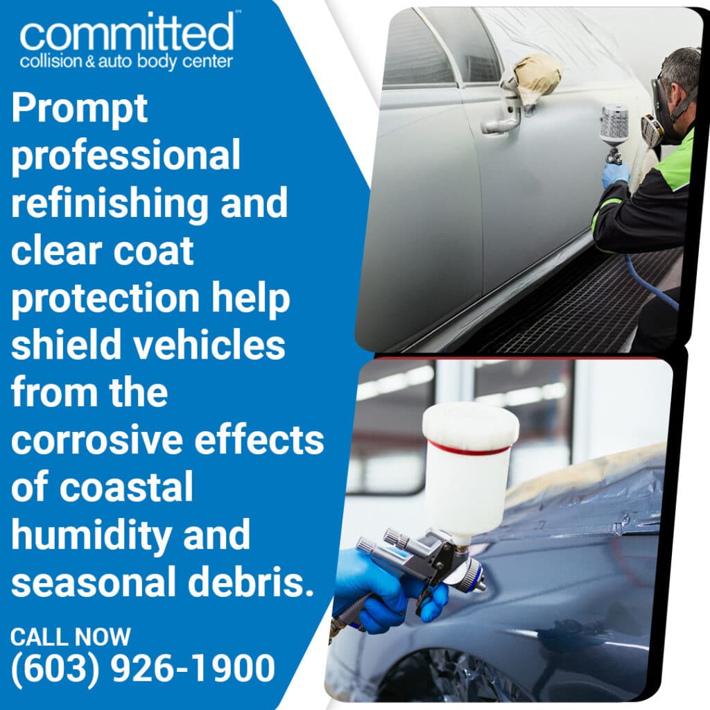 Pollen, Sap, and Scratches: How Spring Affects Your Car's Paint in North Hampton, NH 1 A painter in a respirator applying clear coat protection to a car body panel with a spray gun inside a paint booth.