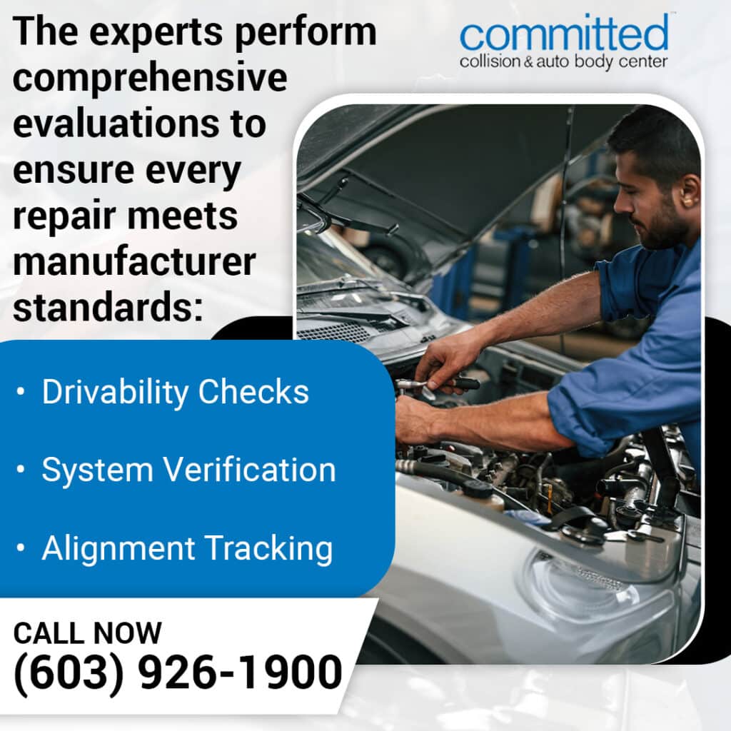 What Happens in a Post-Repair Road Test? Collision Repair Final Checks 2 A mechanic leaning over an open engine bay using a wrench to perform drivability checks and system evaluations.