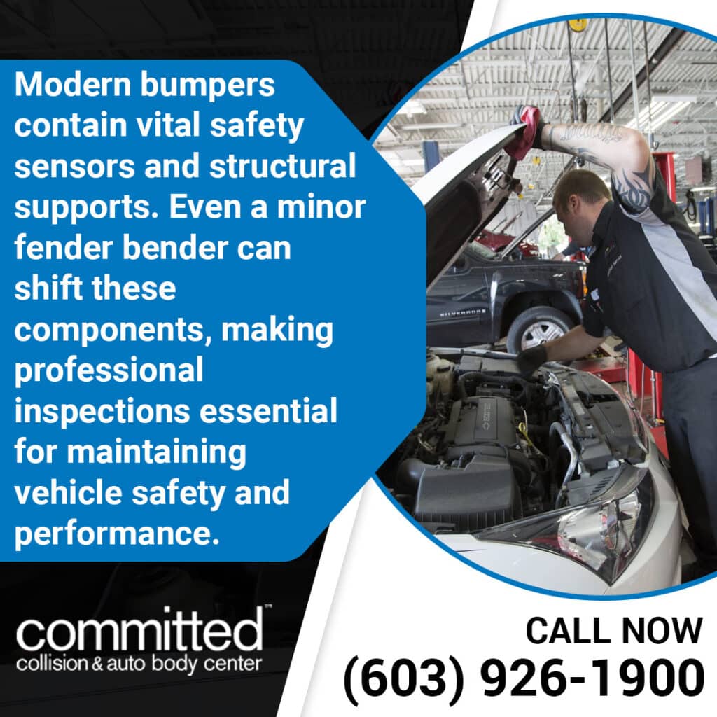 Top Auto Body Repairs After a Fender Bender in North Hampton 1 A mechanic inspecting under the hood of a car next to text explaining how fender benders can misalign vital bumper safety sensors.