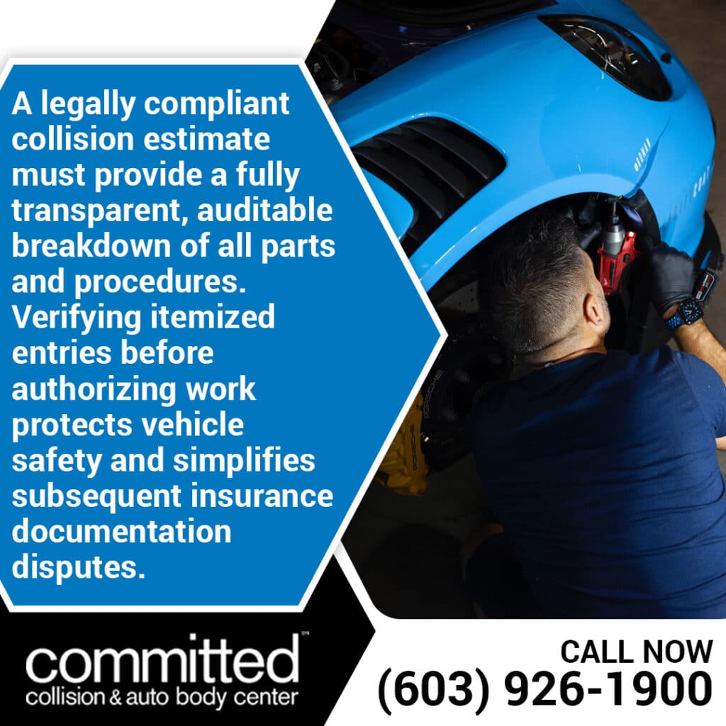 What Your Collision Repair Estimate Should (and Shouldn't) Include 1 Graphic from Committed Collision emphasizing fully transparent estimates, showing a mechanic working inside a blue car's wheel well.