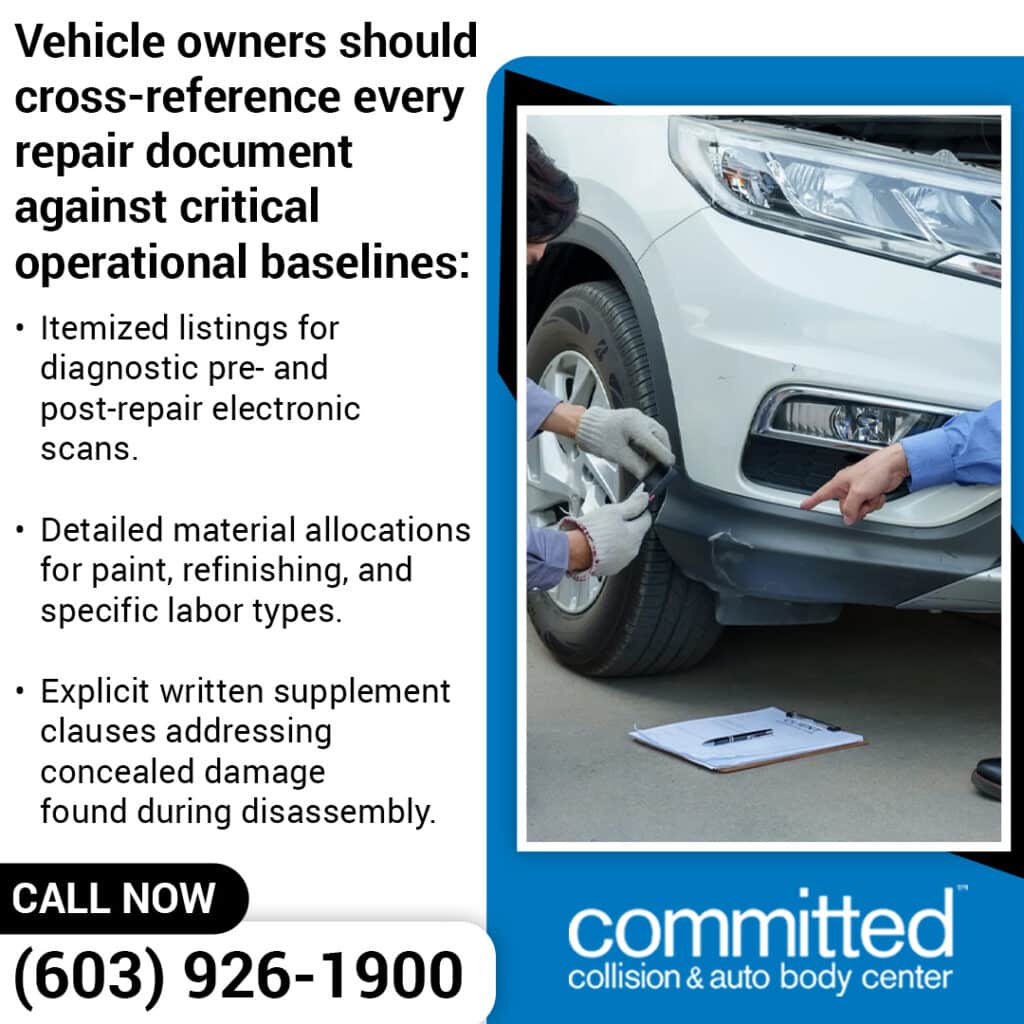 What Your Collision Repair Estimate Should (and Shouldn't) Include 2 Infographic from Committed Collision detailing repair document baselines, showing technicians inspecting a white SUV's bumper.