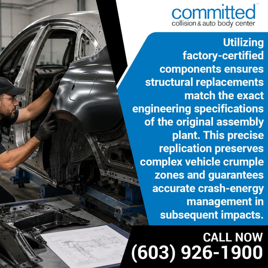 Why OEM Parts Matter in Professional Auto Body Repairs 1 Graphic from Committed Collision explaining how factory-certified components preserve vehicle crumple zones.