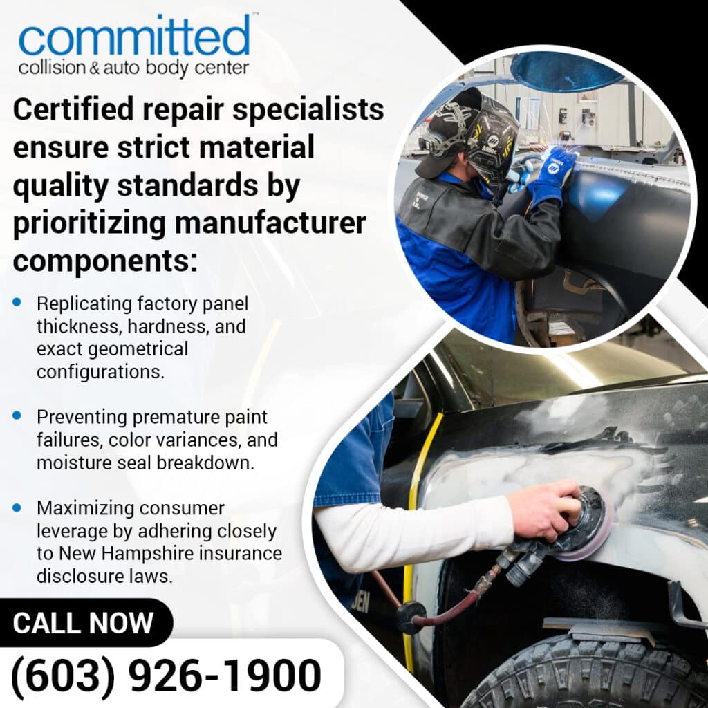 Why OEM Parts Matter in Professional Auto Body Repairs 2 Infographic from Committed Collision listing material quality standards, featuring a technician welding a car panel.