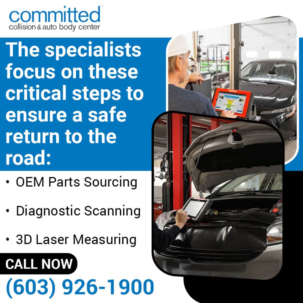 How Long Does Collision Repair Really Take? What to Expect 2 Technicians running diagnostic scans and 3D laser measurements on vehicles alongside text detailing essential post-collision steps.