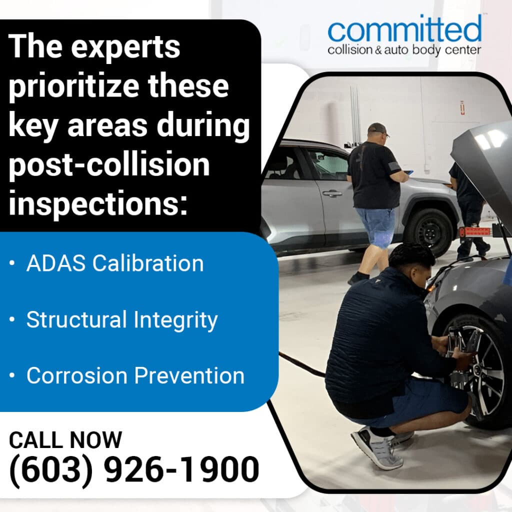 Top Auto Body Repairs After a Fender Bender in North Hampton 2 A technician attaching alignment equipment to a car wheel alongside text highlighting ADAS calibration and structural integrity inspections.