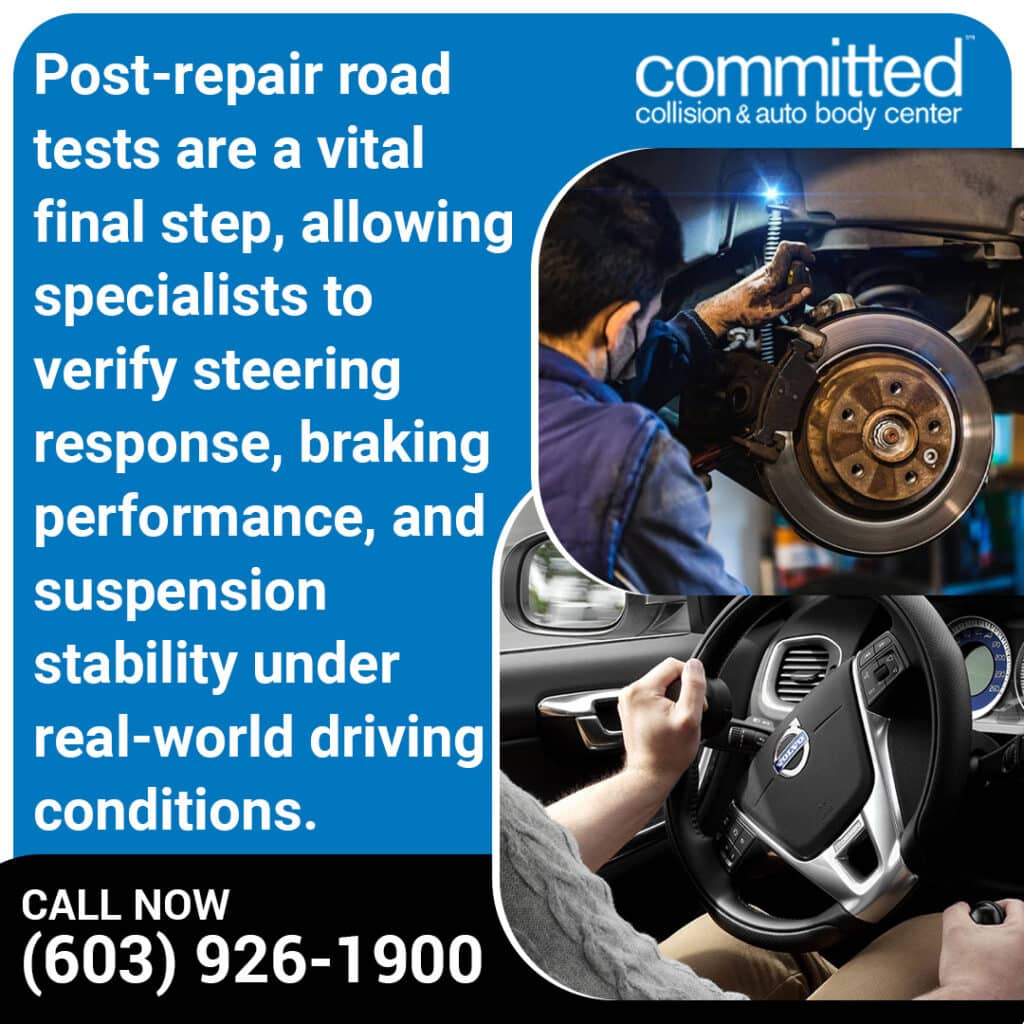 What Happens in a Post-Repair Road Test? Collision Repair Final Checks 1 A mechanic repairing a brake assembly alongside a driver holding a steering wheel during a post-repair road test evaluation.