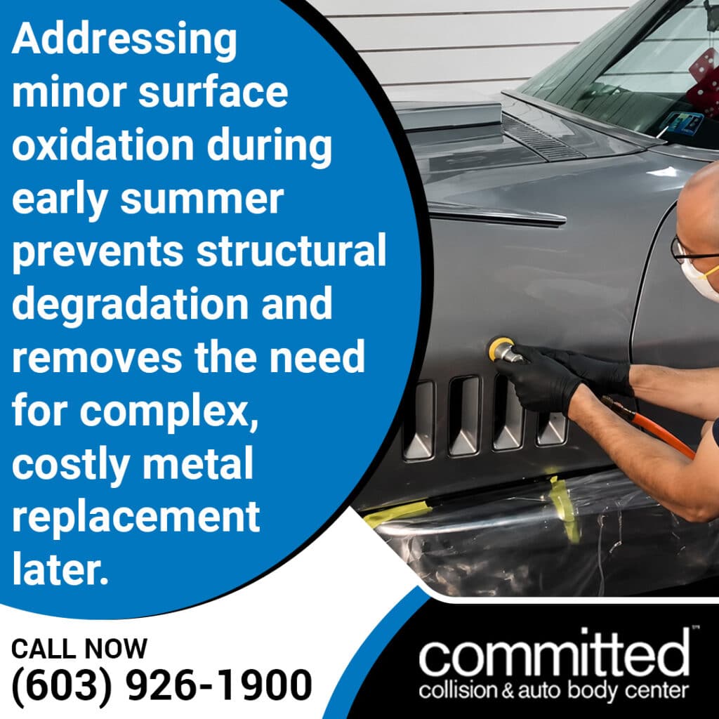 Rust Starts Here: Why Auto Body Repairs Matter More in North Hampton 1 Graphic from Committed Collision showing a technician removing minor surface oxidation from a silver vehicle.
