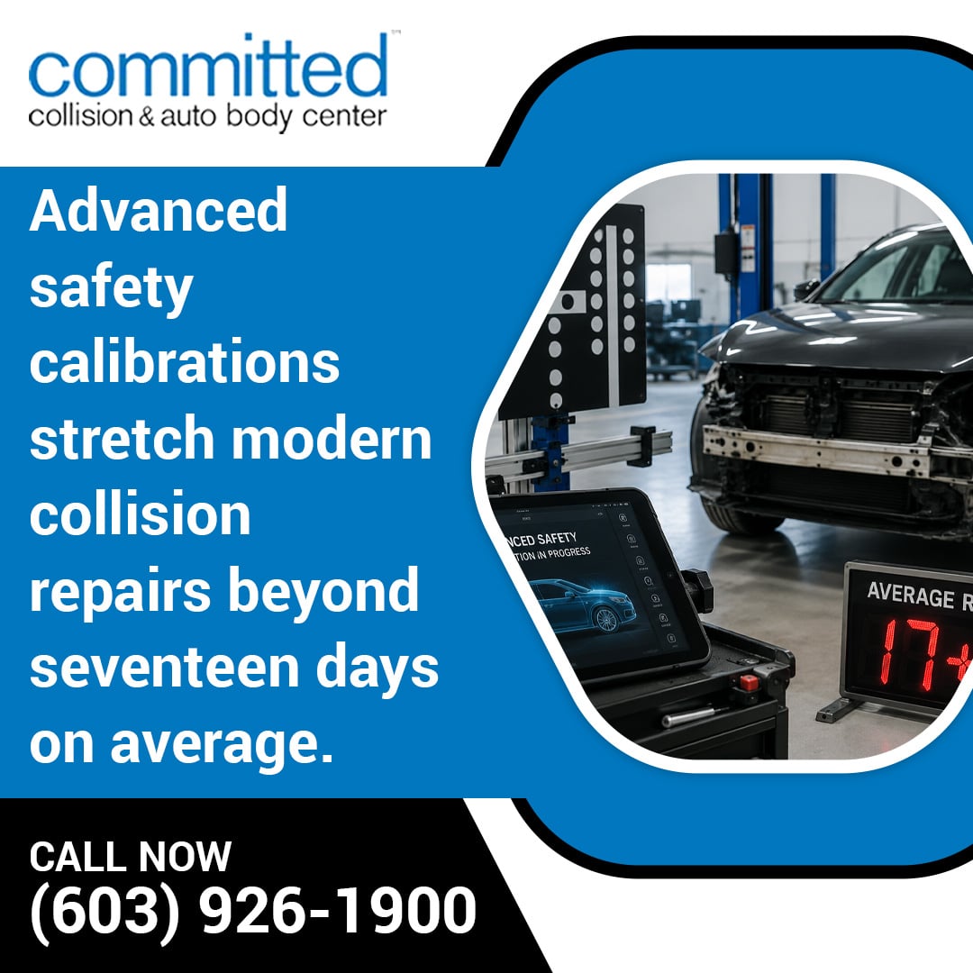 How Long Does Auto Body Repair Take and Why It Varies 1 ADAS calibration target board and diagnostic tablet positioned in front of a car with its front bumper removed in a repair shop.