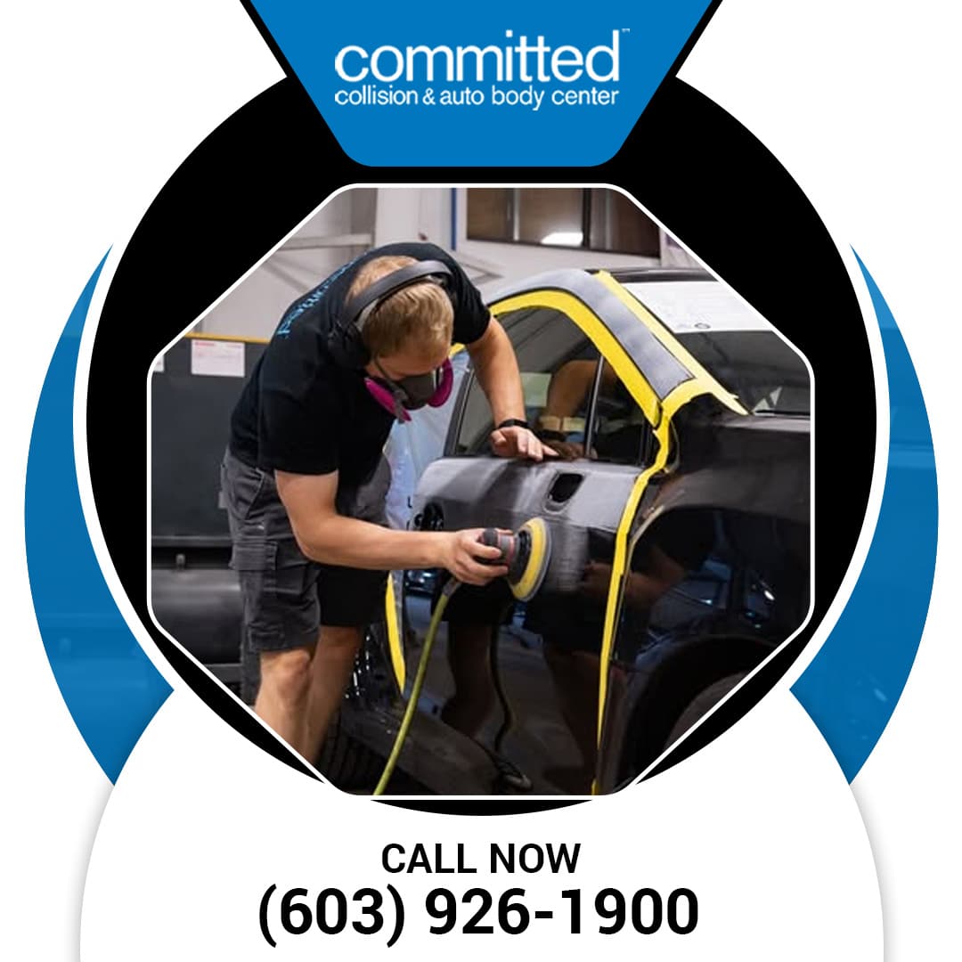 Will Insurance Still Cover a Rental Car If Repairs Run Long? 2 An auto body technician wearing safety gear using an orbital sander to smooth a taped-off car door panel.