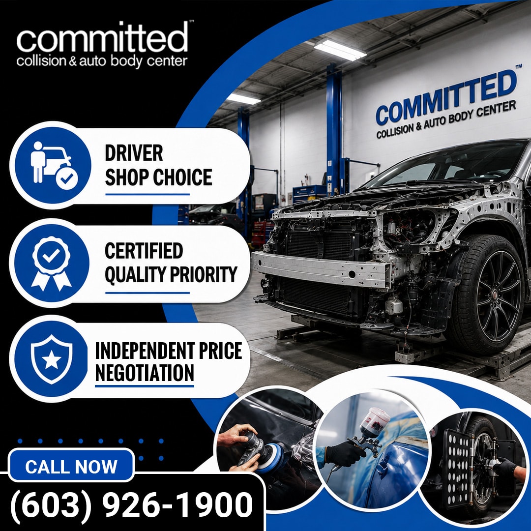 What Does "Insurance Approved" Mean for a Collision Repair Shop? 2 Vehicle under repair with its front bumper assembly removed inside an auto shop, featuring circular insets showing panel buffing, spray painting, and wheel alignment.