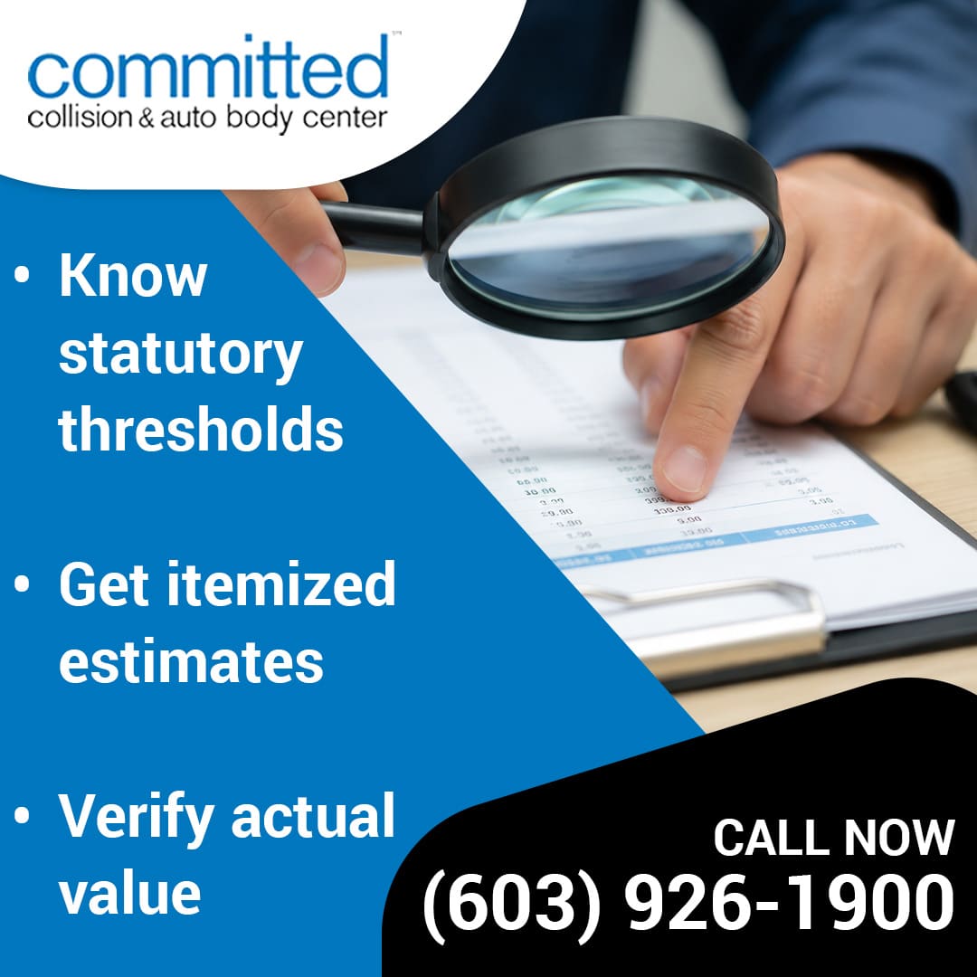 Is Your Car a Total Loss or Repairable After a Collision? 2 A person holding a magnifying glass over an itemized financial estimate on a clipboard while pointing at line items.