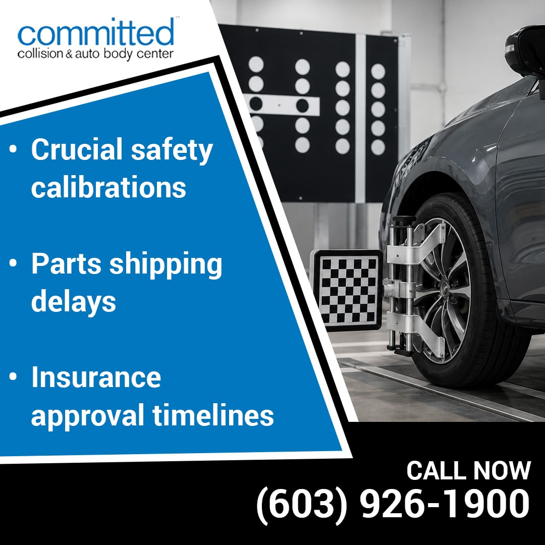 How Long Does Auto Body Repair Take and Why It Varies 2 Front wheel of a grey vehicle attached to a calibration sensor with a black-and-white ADAS target board in the background.