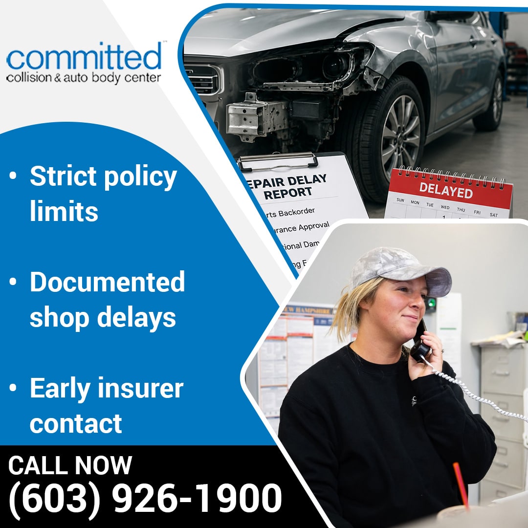 What Happens If Your Collision Repair Shop Finds More Damage? 2 A customer service representative on the phone at an auto repair shop front desk alongside images of a collision-damaged car and a repair delay report.