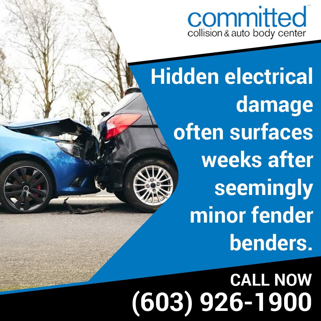 Can a Collision Damage Your Car's Battery and Electrical System? 1 Front of a blue car crushed against the rear bumper of a black hatchback following a rear-end collision on a road.