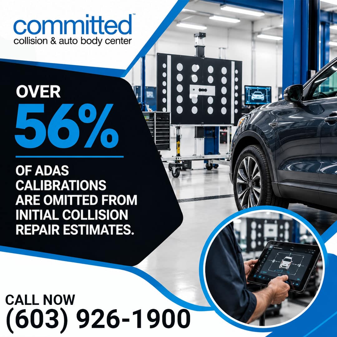 What Red Flags Should You Watch for in a Collision Repair Estimate? 1 Vehicle positioned before an ADAS radar target calibration board in an auto body shop, with an inset showing a technician operating a handheld diagnostic tablet.