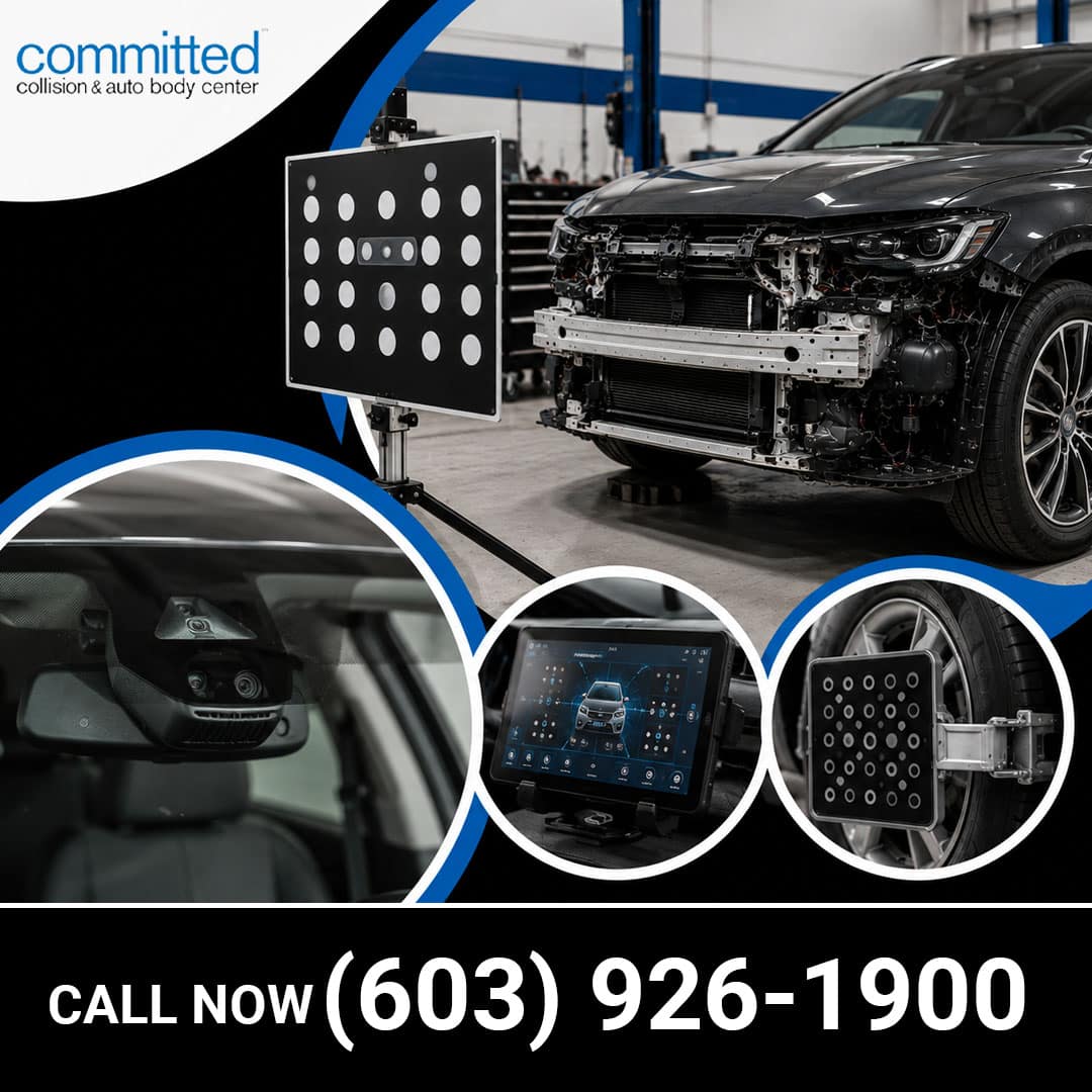 What Red Flags Should You Watch for in a Collision Repair Estimate? 2 Disassembled front end of a vehicle aligned with an ADAS radar target board, featuring insets of a windshield camera sensor, diagnostic calibration tablet, and wheel-mounted alignment target.
