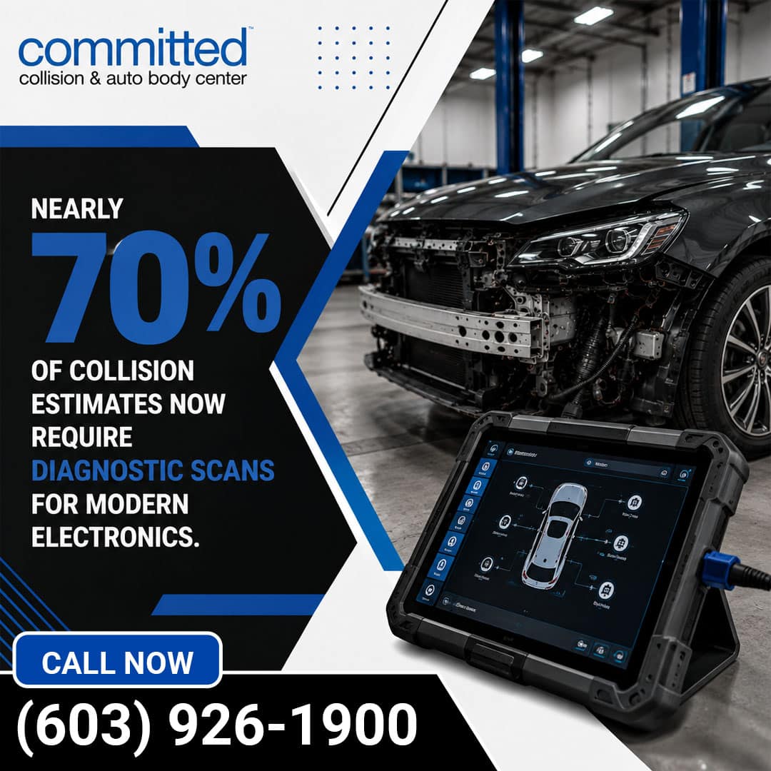 Why Post-Collision Auto Mechanical Diagnostics Matter Before You Drive 1 Front end of a disassembled car undergoing collision repair alongside a rugged automotive diagnostic scan tablet displaying a vehicle sensor map.