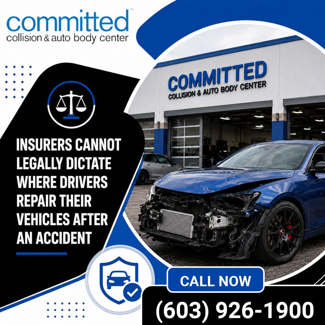 What Does "Insurance Approved" Mean for a Collision Repair Shop? 1 Blue car with severe front-end collision damage parked outside Committed Collision & Auto Body Center, accompanied by scale of justice and insurance shield icons.