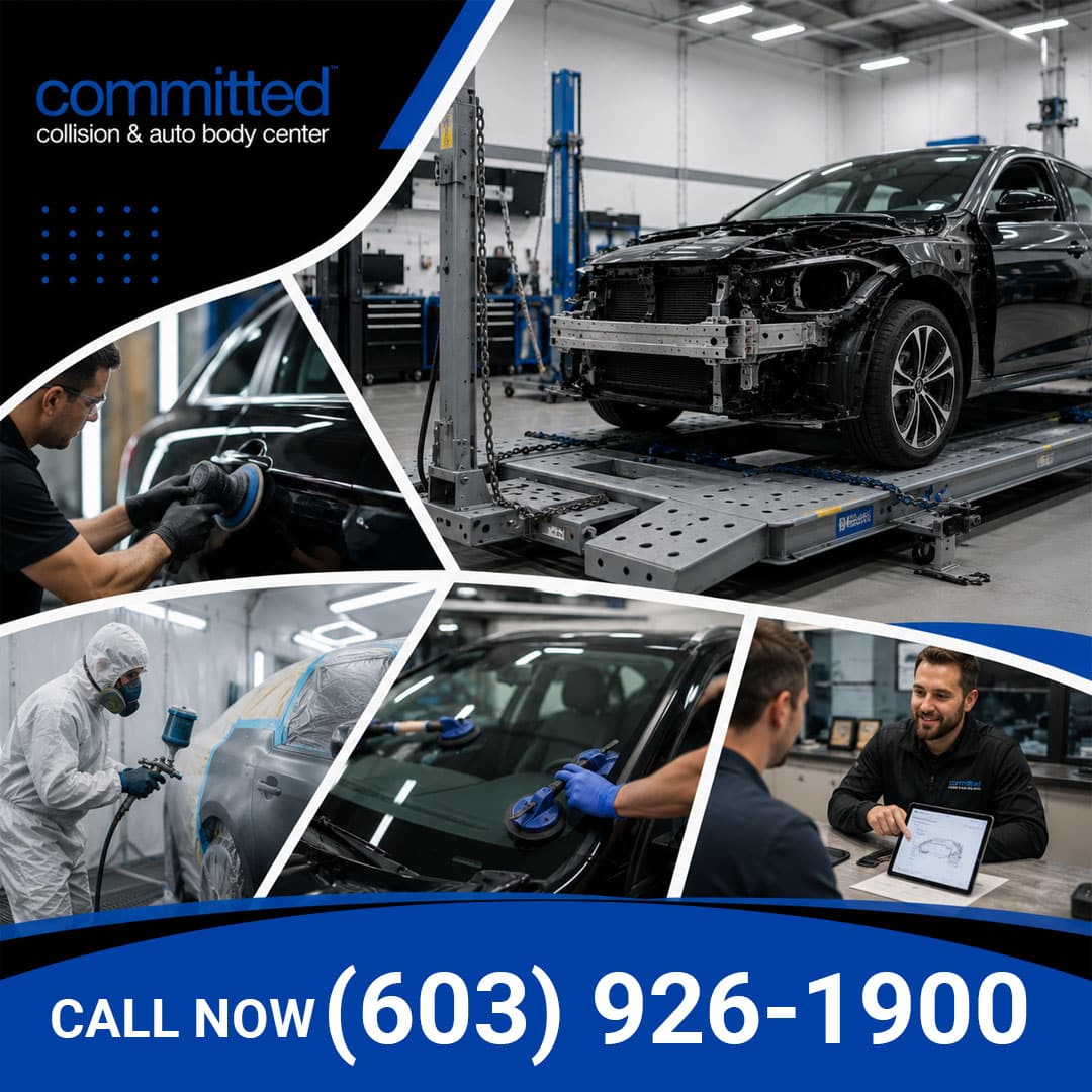 What Is Vehicle Sensor Calibration and Why Does It Matter? 2 Collage showing a disassembled car on a frame alignment rack, a technician polishing paint, a painter in a spray booth, windshield glass replacement, and a customer reviewing repair estimates on a tablet.
