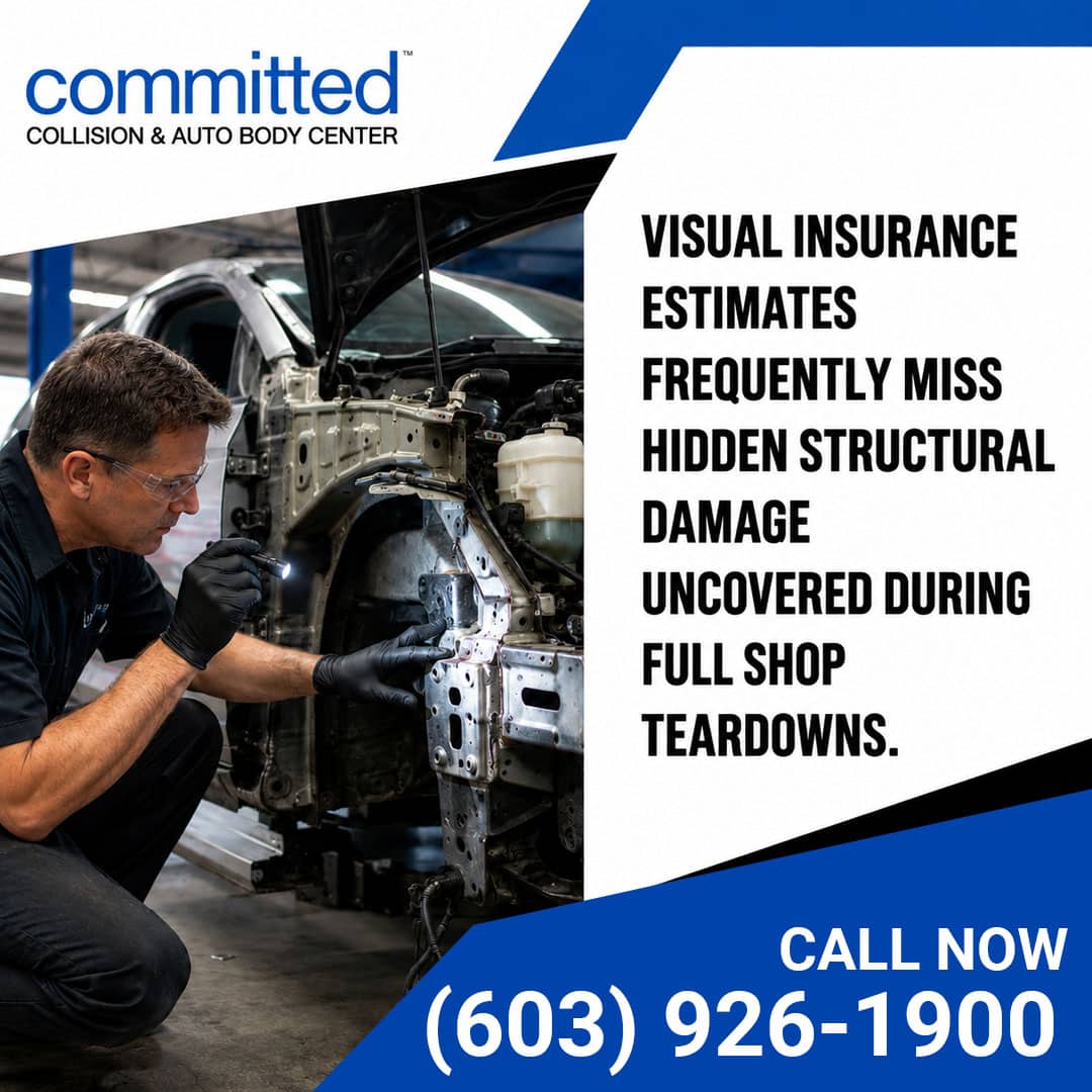 How Do Insurance Estimates Compare to Shop-Written Repair Estimates? 1 Collision repair technician wearing safety glasses and black gloves inspecting a disassembled car frame and wheel well with a flashlight.