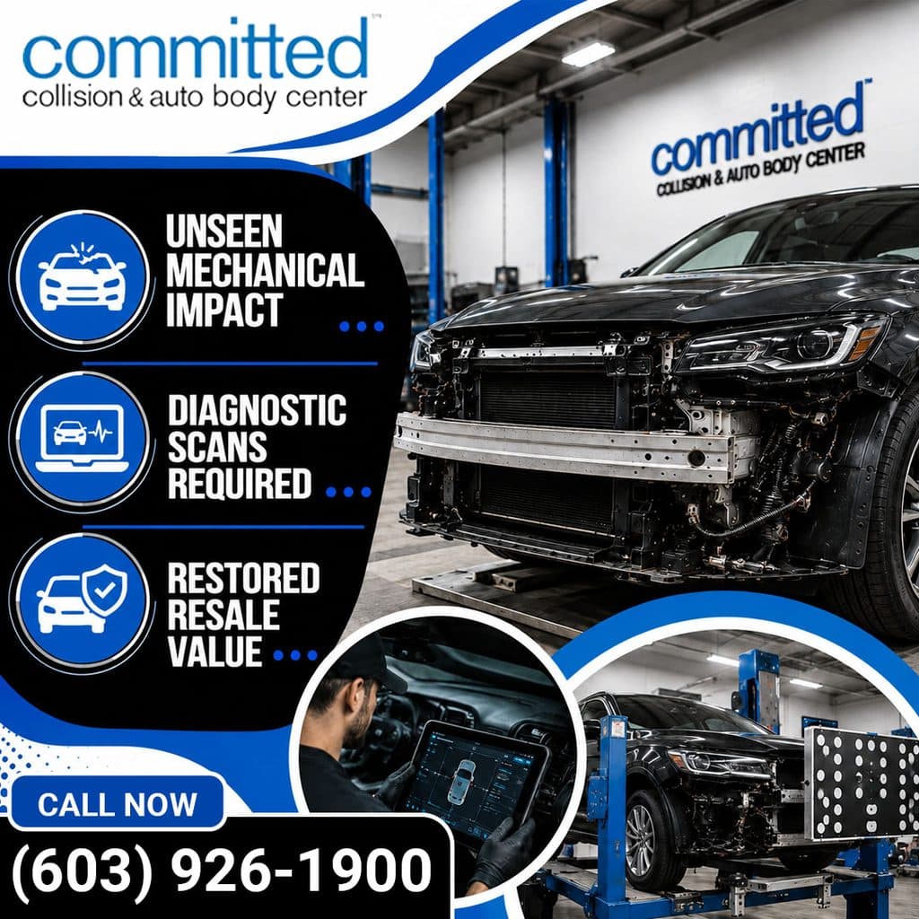 What Mechanical Damage Can a Collision Cause Beyond the Body? 2 Front end of a disassembled car on a lift in an auto body shop, accompanied by circular insets showing a technician using a digital diagnostic tablet inside the vehicle and an ADAS calibration setup on the frame rack.
