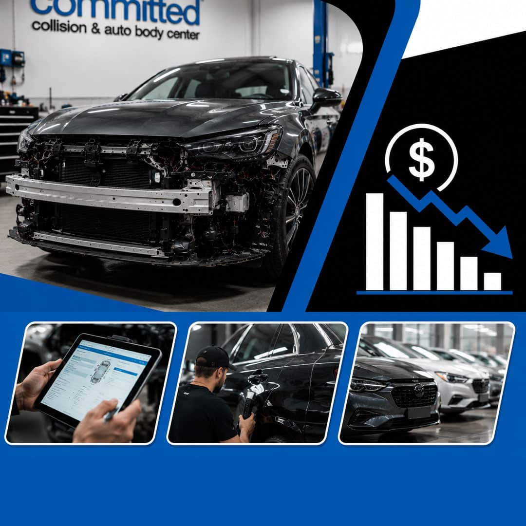 Why Post-Collision Auto Mechanical Diagnostics Matter Before You Drive 2 Disassembled car undergoing repairs in an auto body shop beside a declining financial bar chart icon, with insets showing diagnostic tablet scanning, paint thickness metering, and cars lined up on a dealership lot.