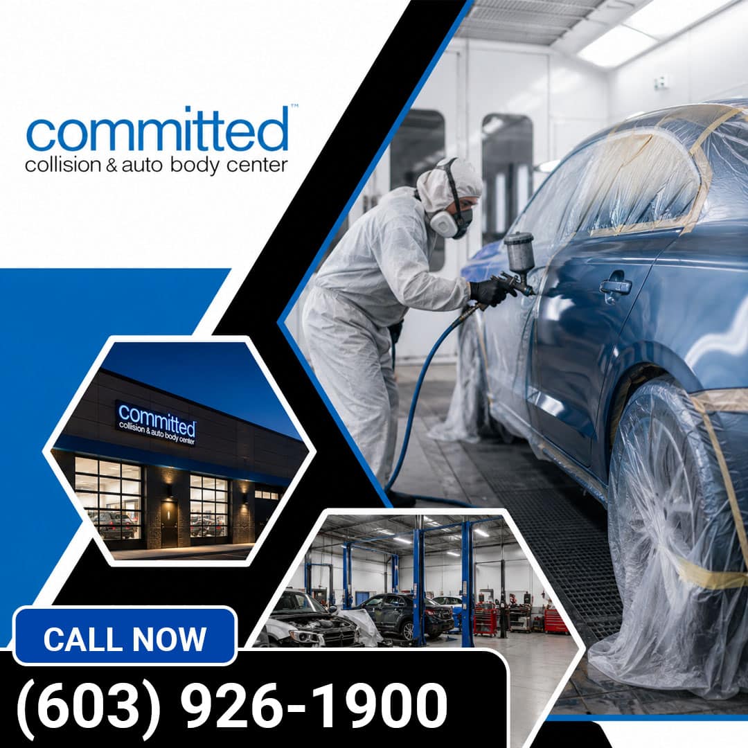 What Documentation Should You Get With an Auto Body Repair Estimate? 2 Automotive painter wearing a protective suit and respirator spray-painting a masked blue car in a paint booth, with hexagonal insets showing the modern shop exterior at night and service bays with vehicles on hydraulic lifts.