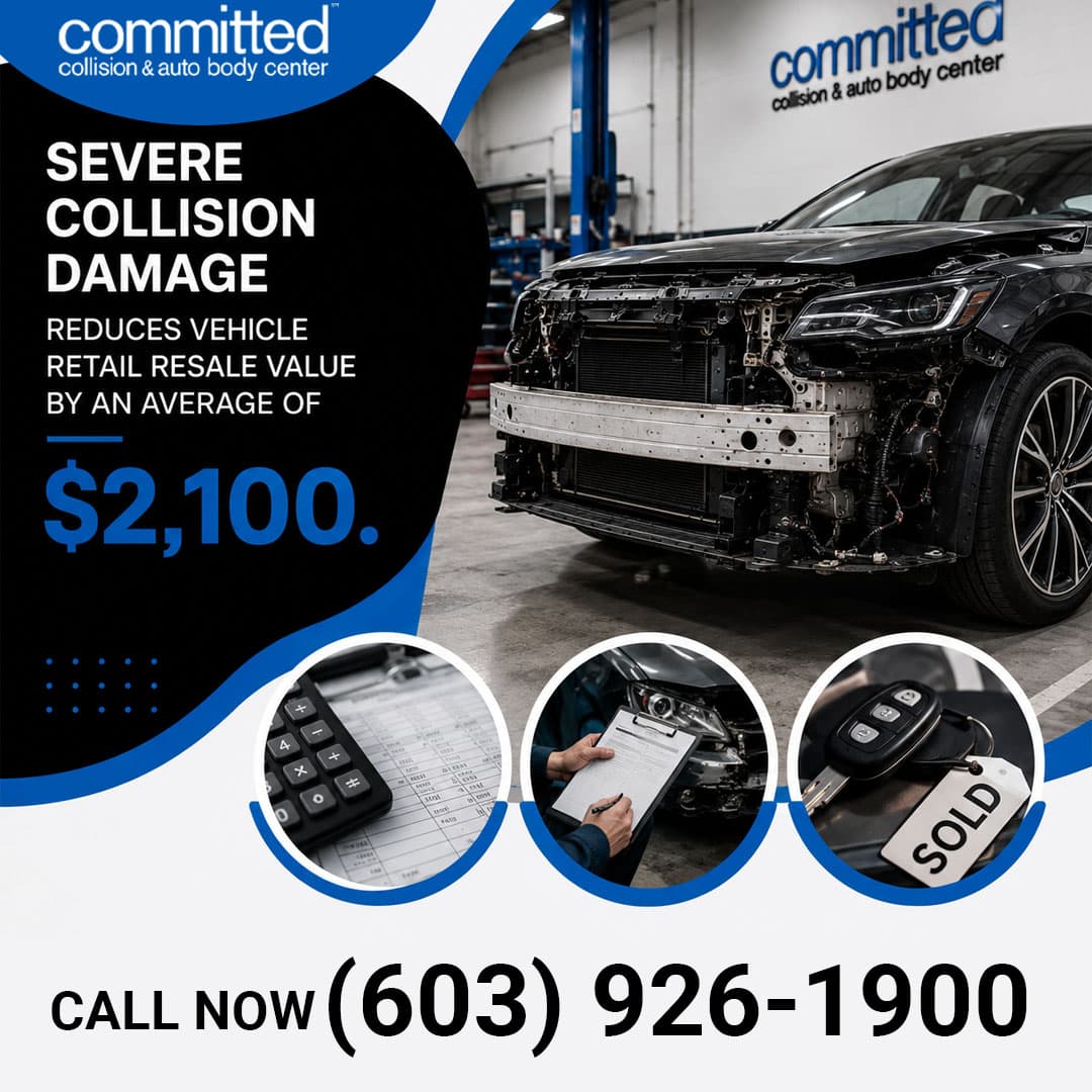 What Mechanical Damage Can a Collision Cause Beyond the Body? 1 Front end of a disassembled car undergoing repairs in an auto body shop, accompanied by circular insets showing a financial calculator on paperwork, a technician holding an inspection clipboard, and car keys with a "SOLD" tag.