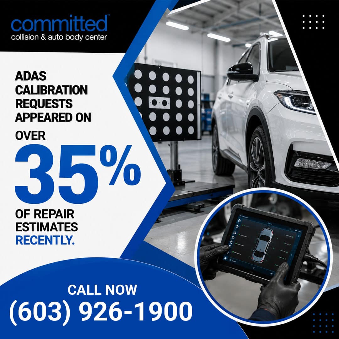 What Is Vehicle Sensor Calibration and Why Does It Matter? 1 White SUV aligned with an ADAS target calibration board in an auto body repair facility, featuring a circular inset of a technician holding a diagnostic scan tablet displaying a vehicle sensor map.