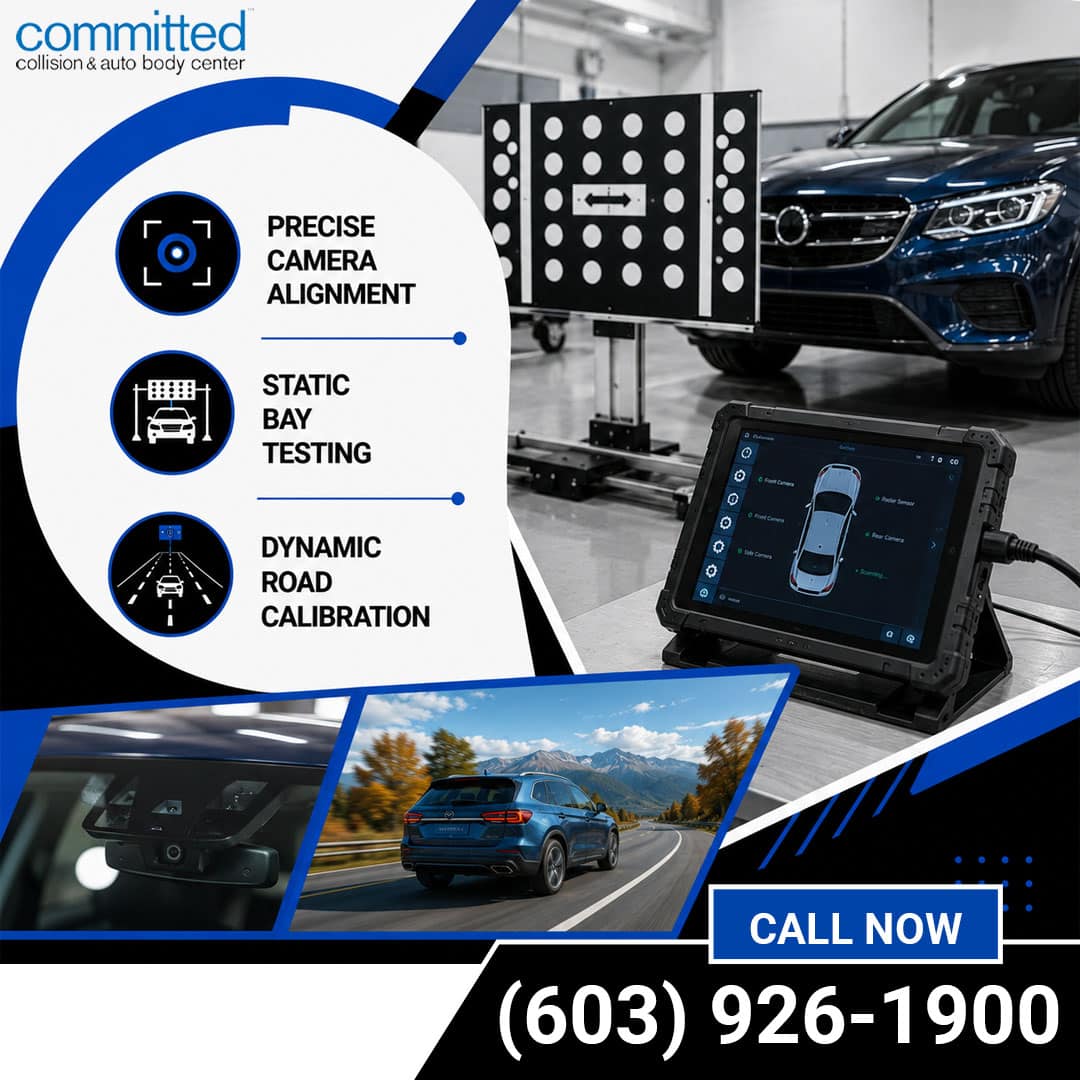 Why Do Windshield Cameras Need Calibration After Glass Replacement? 2 Modern blue SUV positioned in front of an ADAS target calibration board with a diagnostic tablet scanner, accompanied by insets of a windshield camera sensor and an SUV driving along a mountain road.