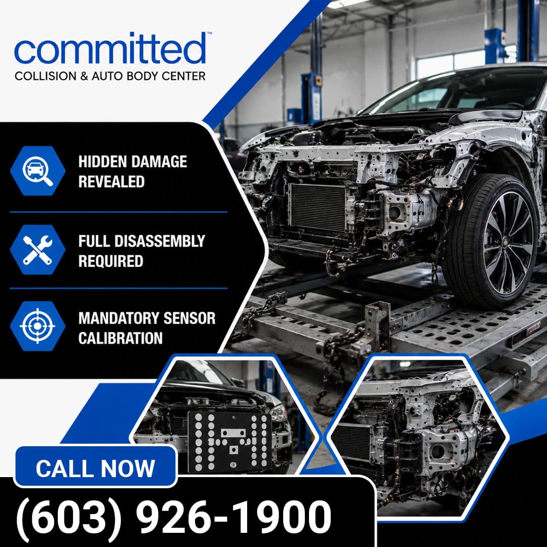 How Do Insurance Estimates Compare to Shop-Written Repair Estimates? 2 Front end of a disassembled car on a frame alignment rack in an auto body shop, accompanied by hexagonal insets showing radar calibration target equipment and stripped structural vehicle framing.