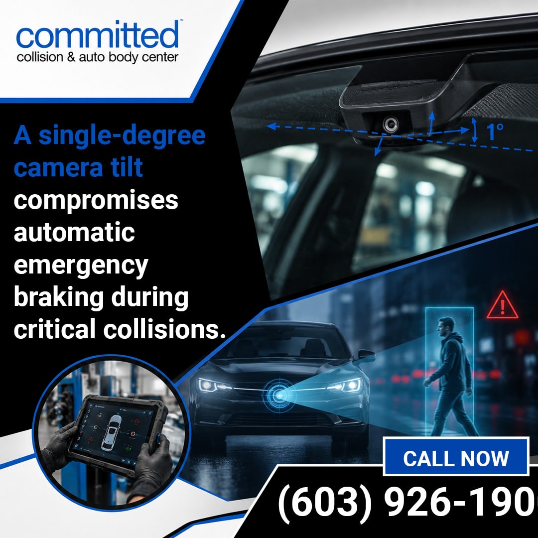 Why Do Windshield Cameras Need Calibration After Glass Replacement? 1 Windshield-mounted forward-facing ADAS camera illustrating a one-degree tilt angle, with insets showing a technician holding a diagnostic scan tool and a car detecting a pedestrian using automatic emergency braking.