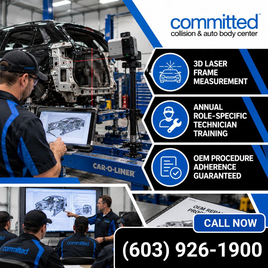 What Equipment and Training Set Certified Collision Repair Apart? 2 Auto collision technician using a Car-O-Liner 3D laser measuring system on a vehicle frame, paired with three feature icons and insets showing technician classroom training and an OEM repair procedures manual.