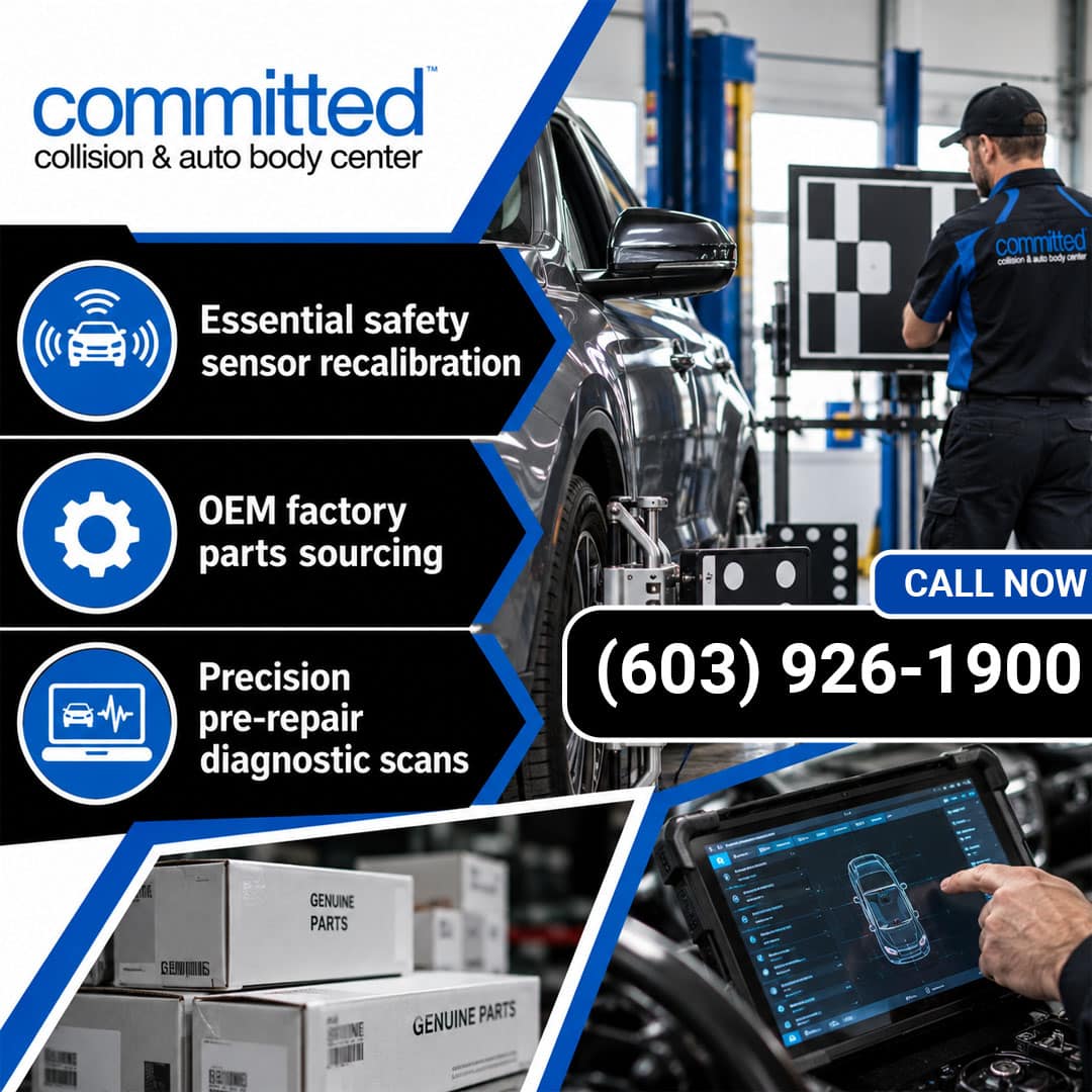 Why Do Late-Model Vehicles Need Professional Auto Body Repair? 2 Certified technician performing an ADAS camera alignment in a shop bay, with lower panels showing OEM parts boxes and a diagnostic tablet scan.